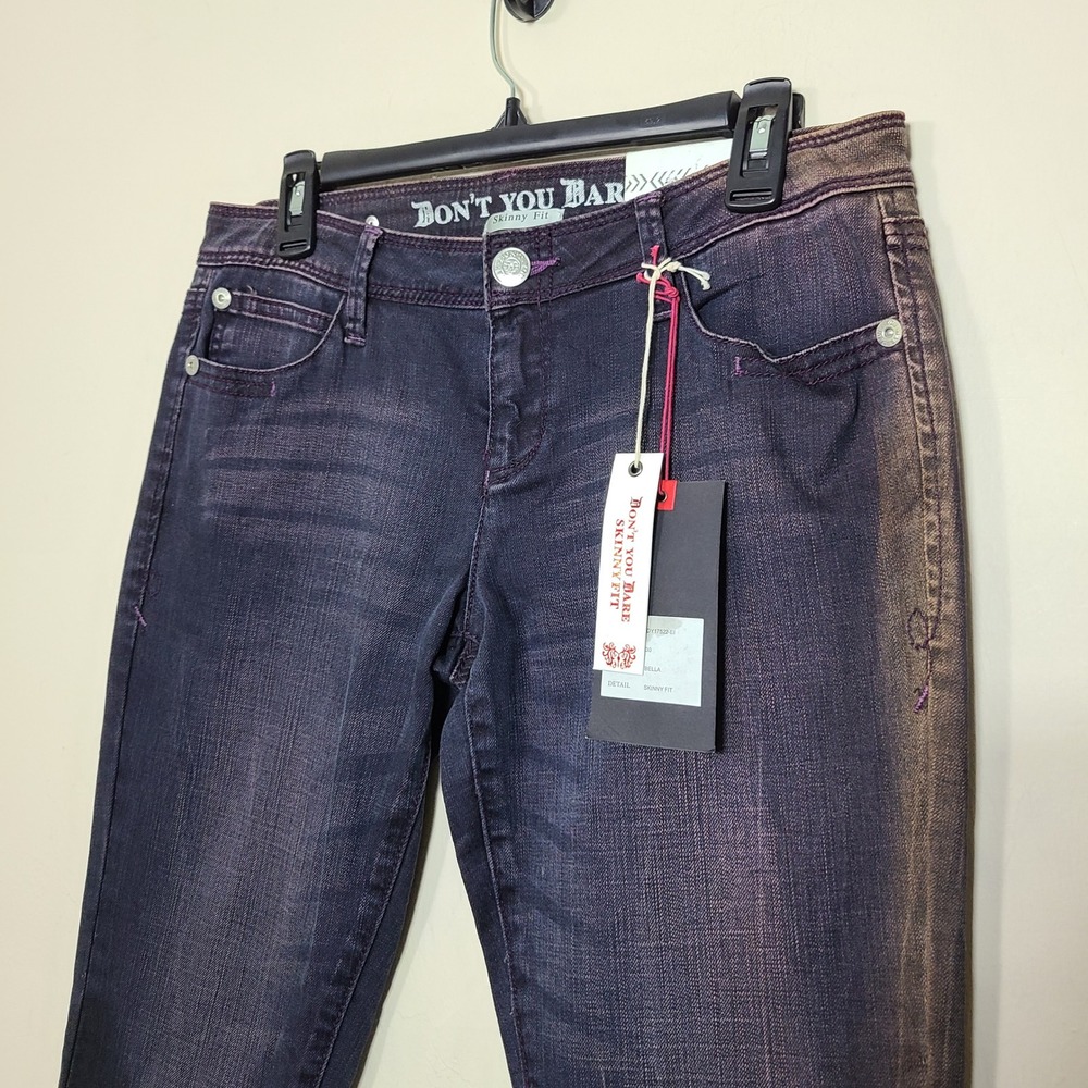 Y2K Embellished Pocket Jeans Dark Wash Faded‎ Purple Skinny 30 NWT - Picture 3 of 13